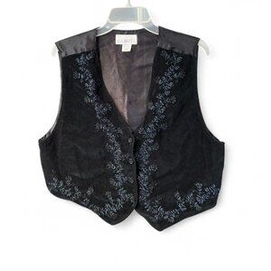 Vintage Black Velvet Satin Beaded Embroidered Floral Vest Large